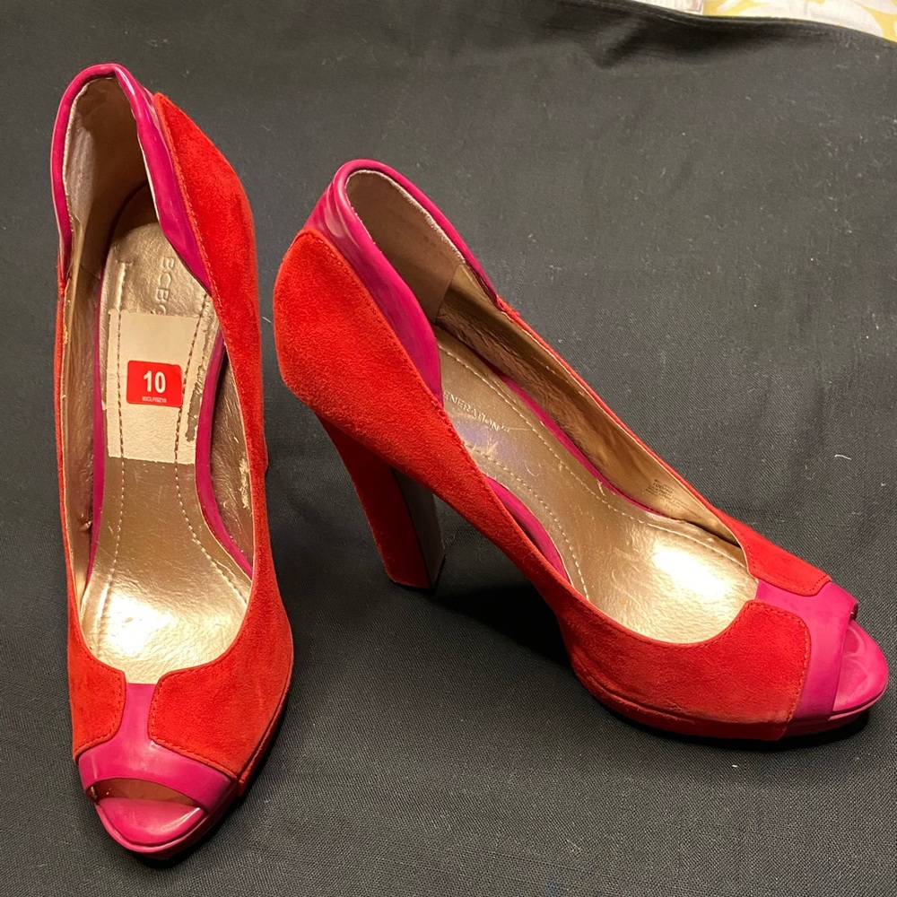 BCBG Red Suede and Fuchsia Patent Leather 5 inch Peep Toe Heels Size 10 Shoes